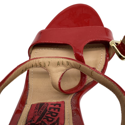 Women's Salvatore Ferragamo Mirrored Heel T Strap Sandals in Red Patent Leather