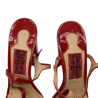 Women's Salvatore Ferragamo Mirrored Heel T Strap Sandals in Red Patent Leather