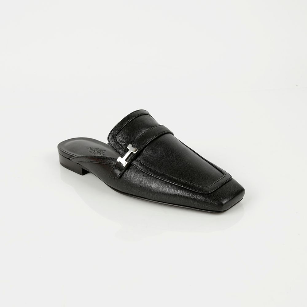 Women's Black Leather Groovy Mule Slippers