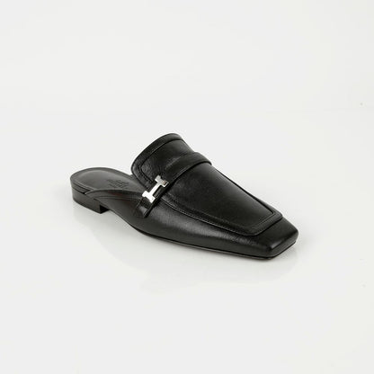 Women's Black Leather Groovy Mule Slippers