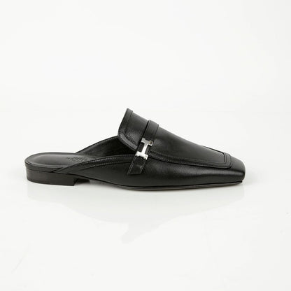 Women's Black Leather Groovy Mule Slippers
