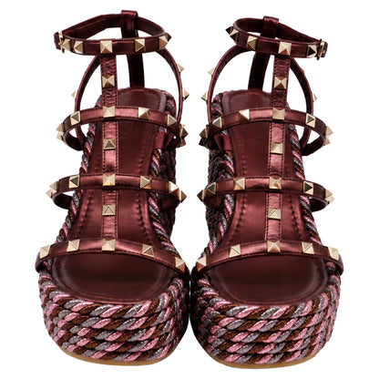 Women's Valentino Garavani 95mm Studded Wedge Sandals in Burgundy Leather