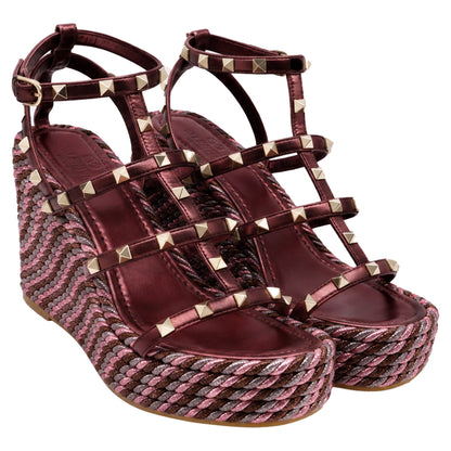 Women's Valentino Garavani 95mm Studded Wedge Sandals in Burgundy Leather