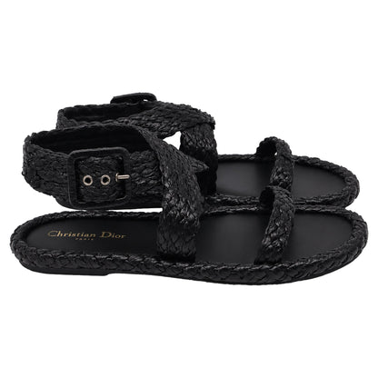 Women's Dior Woven Ocean Flat Thong Sandals in Black Raffia