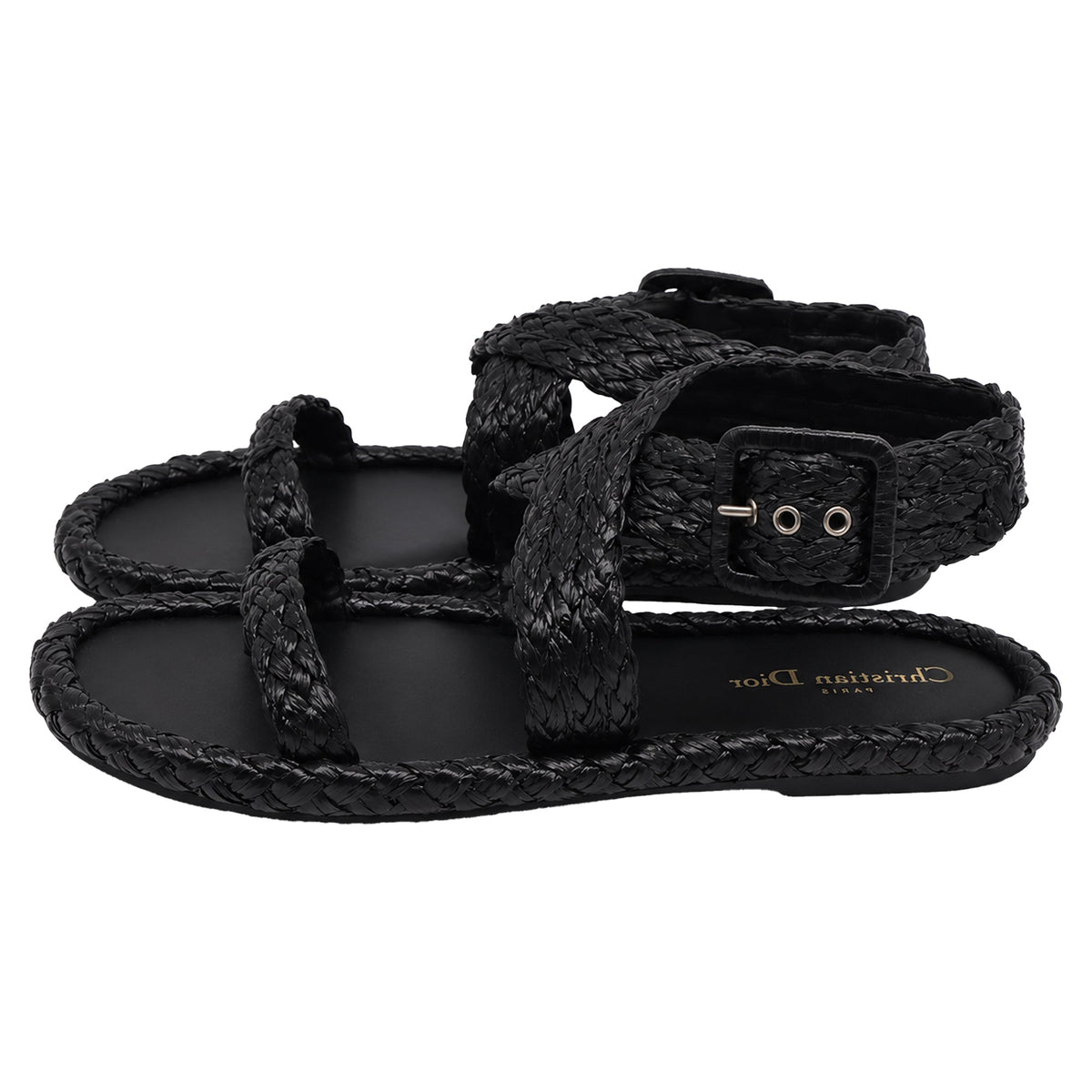Women's Dior Woven Ocean Flat Thong Sandals in Black Raffia