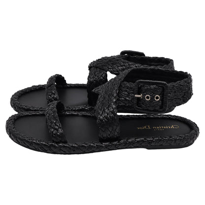 Women's Dior Woven Ocean Flat Thong Sandals in Black Raffia