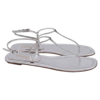Women's Prada T-Strap Flat Sandals in Metallic Silver Leater