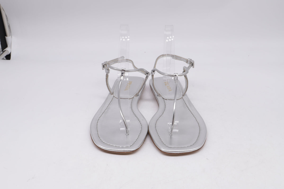 Women's Prada T-Strap Flat Sandals in Metallic Silver Leater