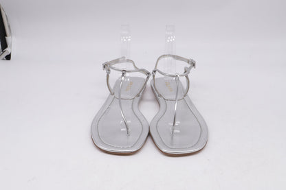 Women's Prada T-Strap Flat Sandals in Metallic Silver Leater