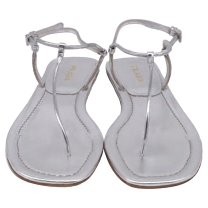 Women's Prada T-Strap Flat Sandals in Metallic Silver Leater