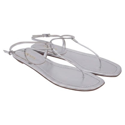 Women's Prada T-Strap Flat Sandals in Metallic Silver Leater