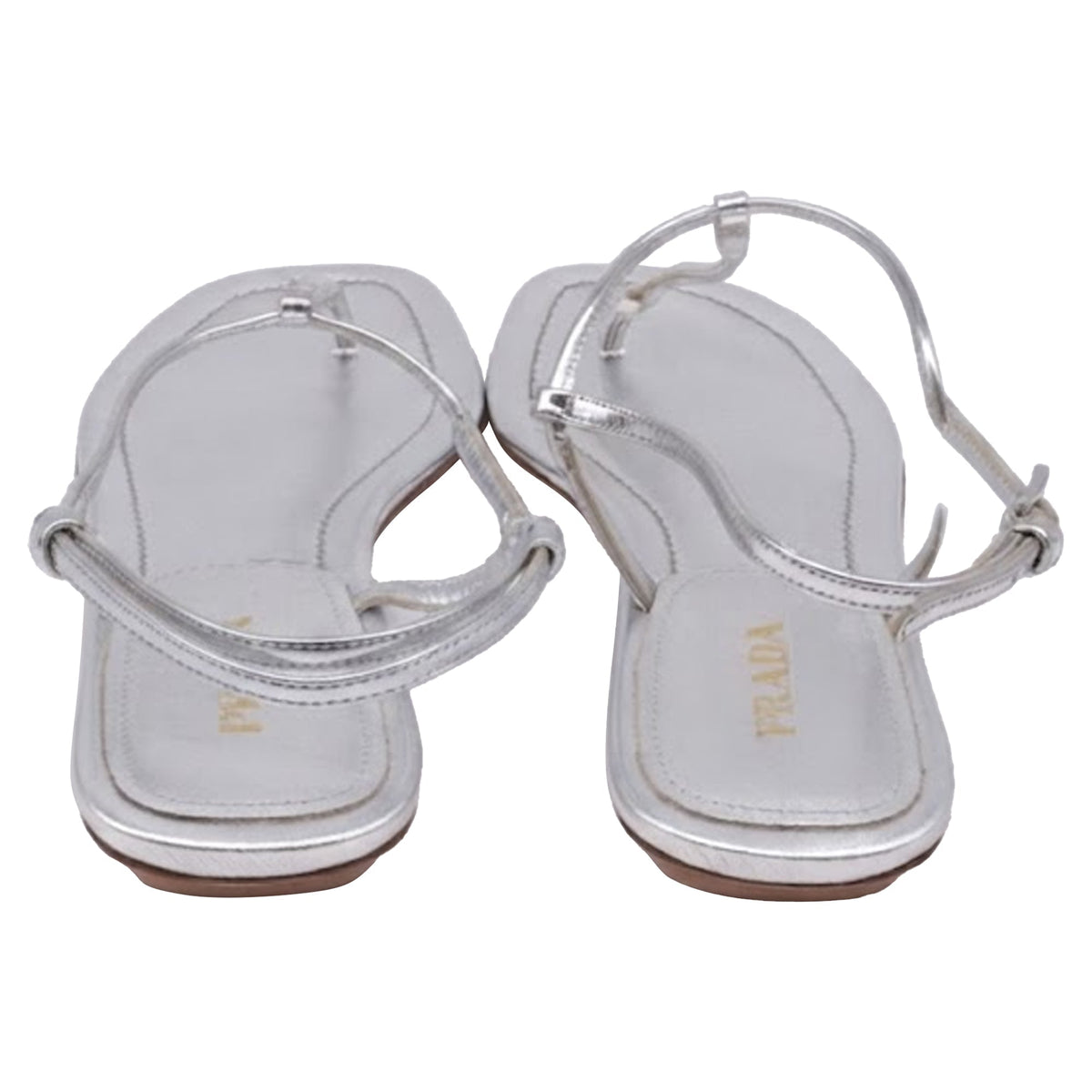 Women's Prada T-Strap Flat Sandals in Metallic Silver Leater