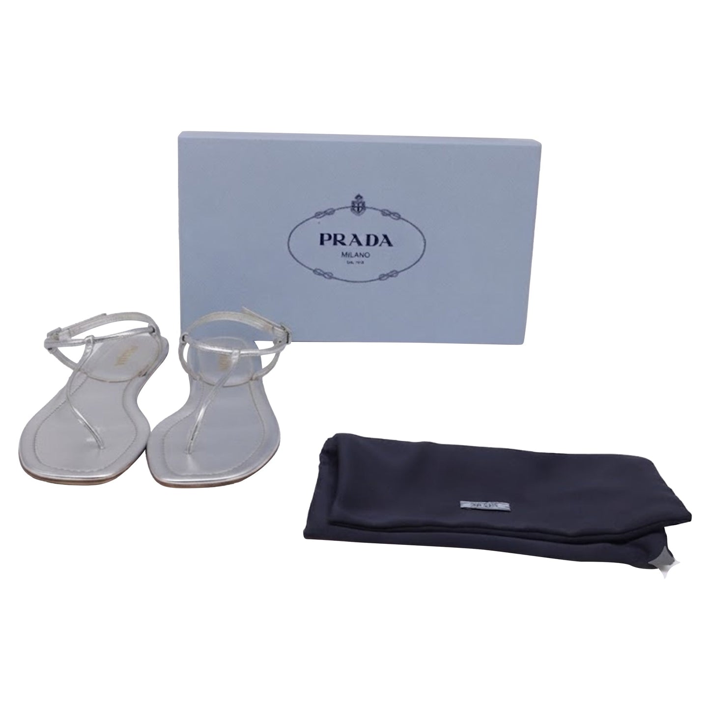 Women's Prada T-Strap Flat Sandals in Metallic Silver Leater