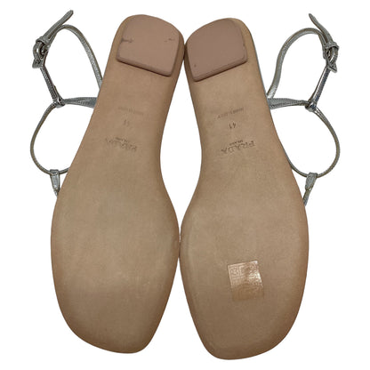 Women's Prada T-Strap Flat Sandals in Metallic Silver Leater