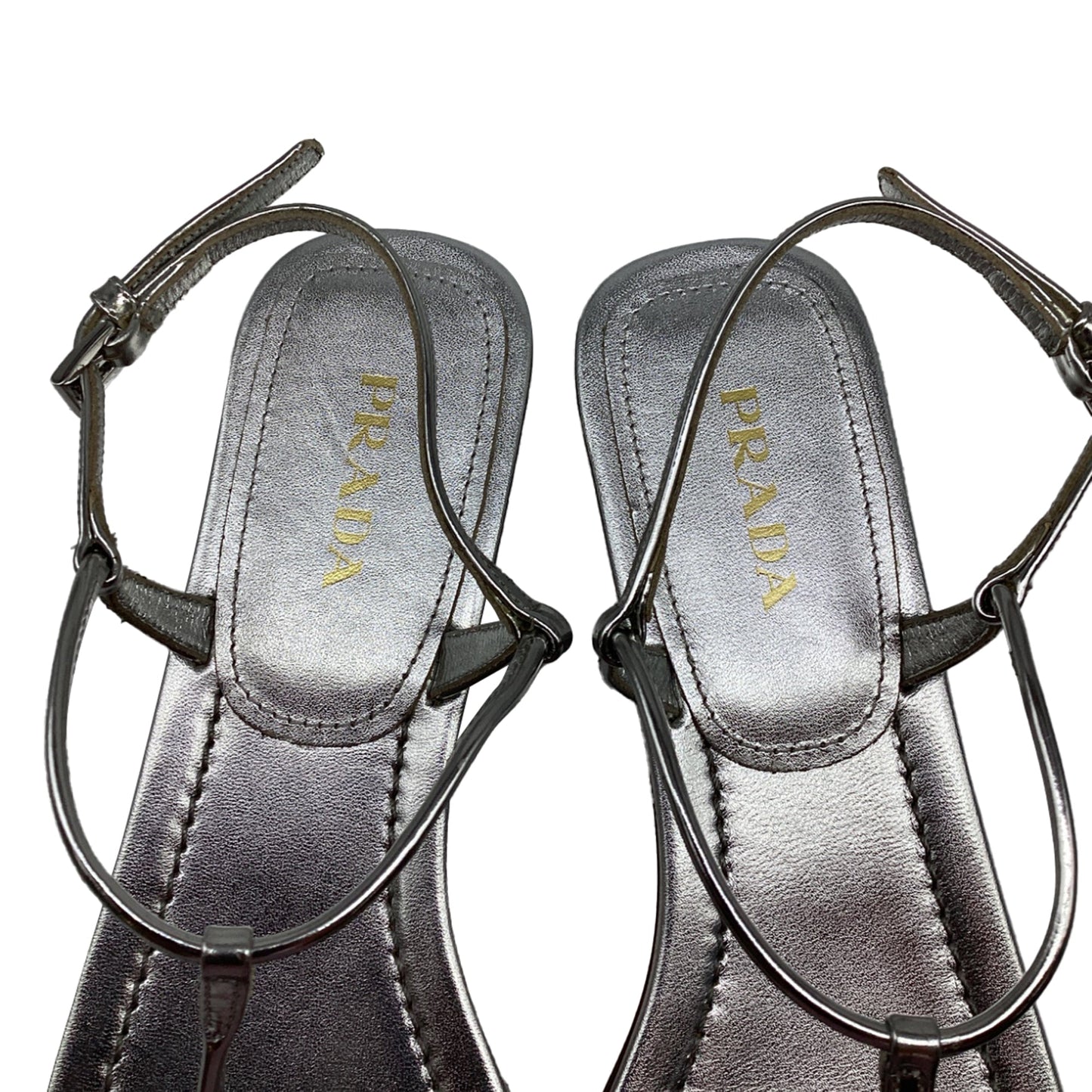 Women's Prada T-Strap Flat Sandals in Metallic Silver Leater