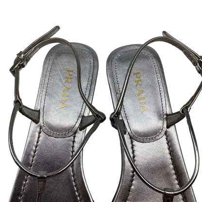 Women's Prada T-Strap Flat Sandals in Metallic Silver Leater