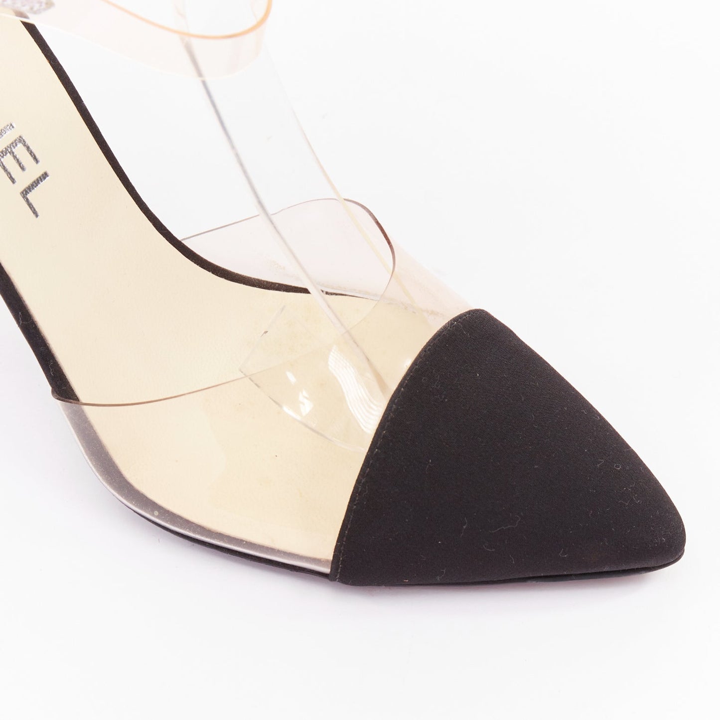 Women's Chanel satin clear transparent PVC logo cap toe pump
