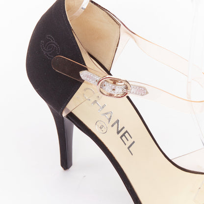 Women's Chanel satin clear transparent PVC logo cap toe pump