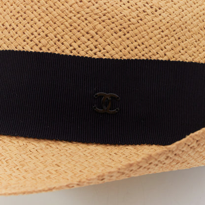 Chanel raffia curled brim navy ribbon CC logo hat