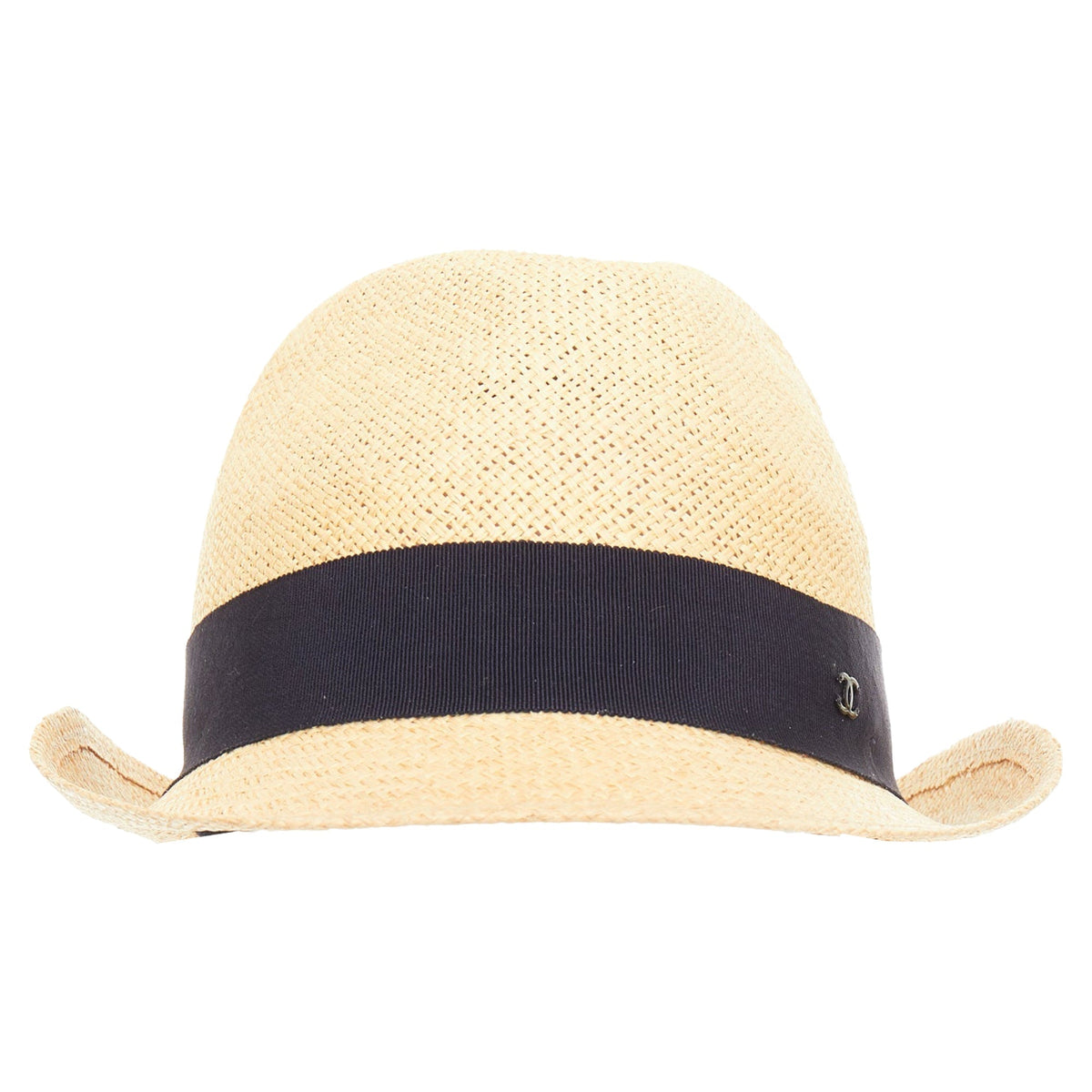Chanel raffia curled brim navy ribbon CC logo hat