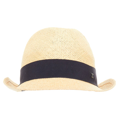 Chanel raffia curled brim navy ribbon CC logo hat