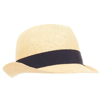 Chanel raffia curled brim navy ribbon CC logo hat