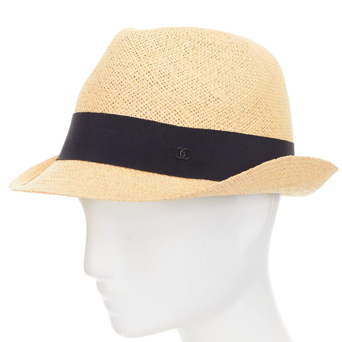 Chanel raffia curled brim navy ribbon CC logo hat