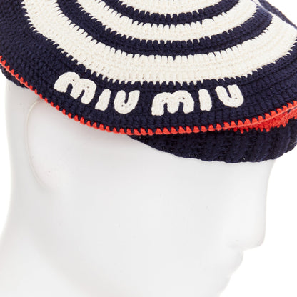 Miu Miu logo applique striped crochet knit beret hat