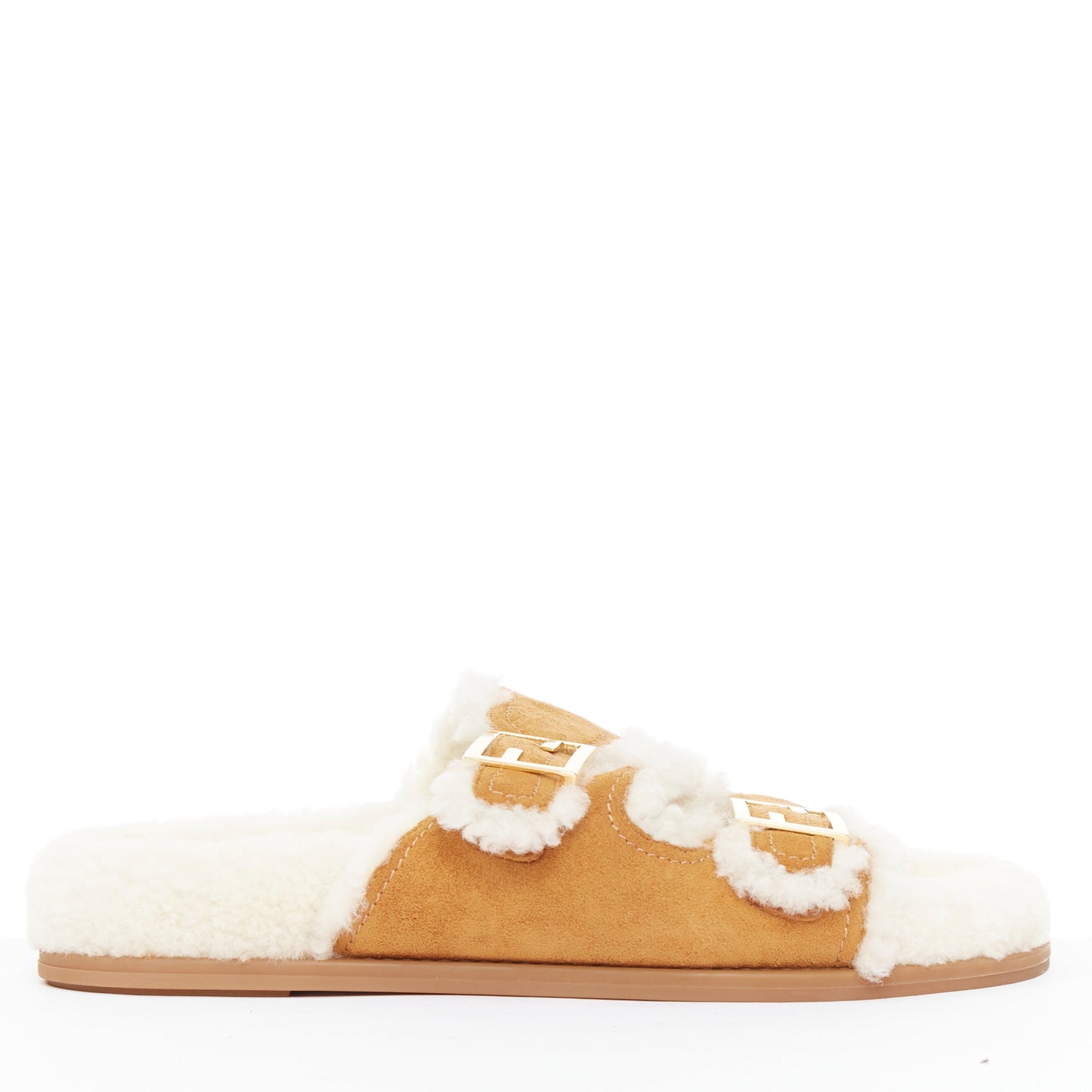 Women's Fendi Feel suede shearling gold FF buckle sandal slides