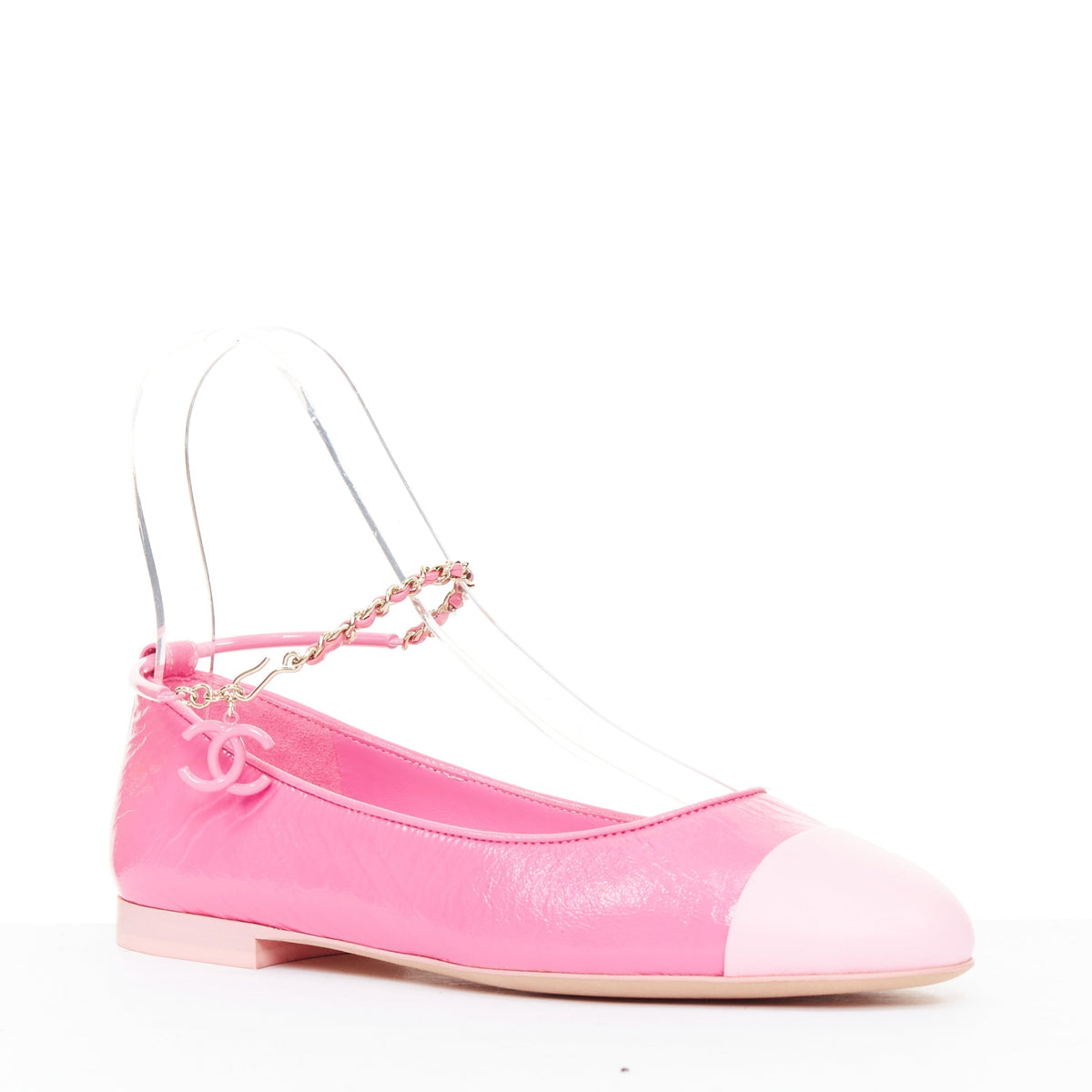 Women's Chanel crinkled leather ankle chain CC charm flats