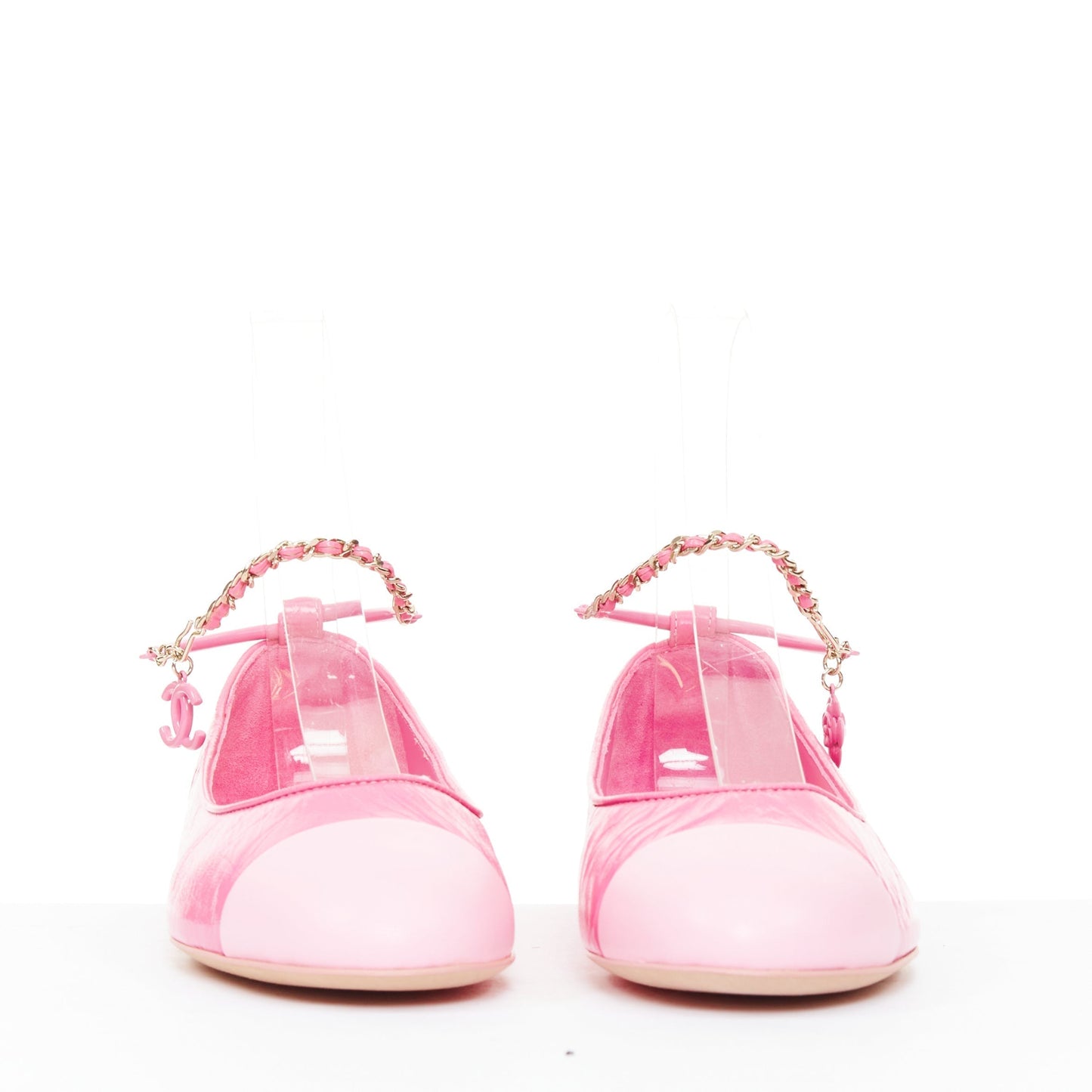 Women's Chanel crinkled leather ankle chain CC charm flats