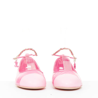 Women's Chanel crinkled leather ankle chain CC charm flats