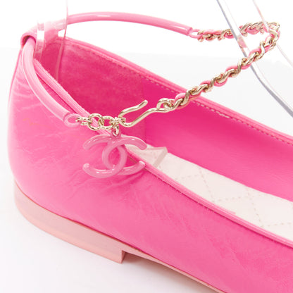 Women's Chanel crinkled leather ankle chain CC charm flats