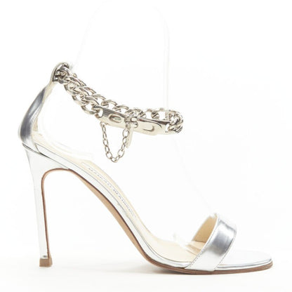 Women's Manolo Blahnik silver chunky chain lock ankle strap sandal