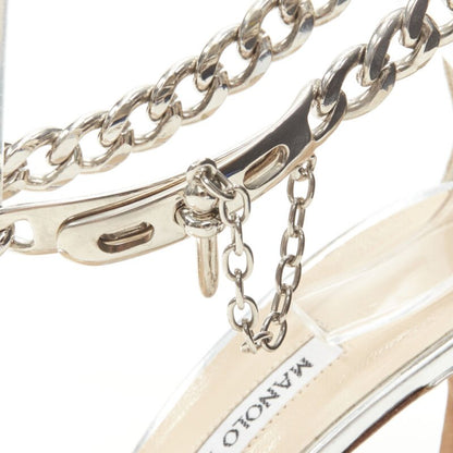 Women's Manolo Blahnik silver chunky chain lock ankle strap sandal