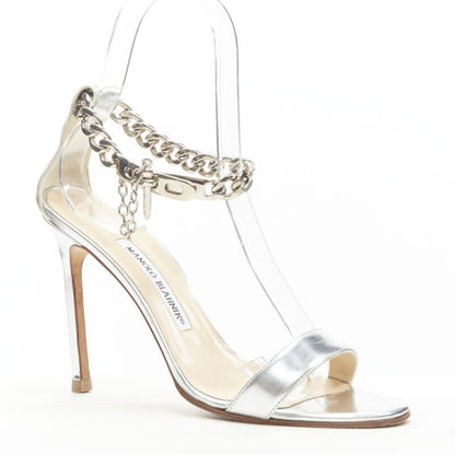 Women's Manolo Blahnik silver chunky chain lock ankle strap sandal