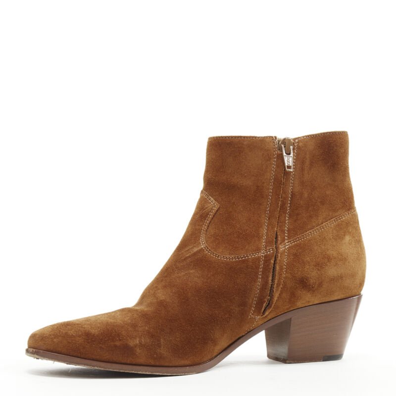 Women's Saint Laurent Wyatt tan brown suede almond toe boots