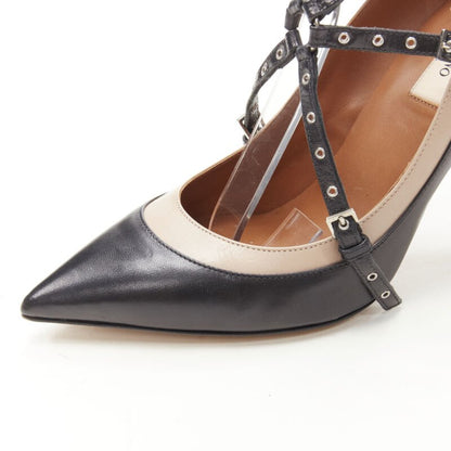 Women's Valentino leather silver grommet stud bondage harness pump