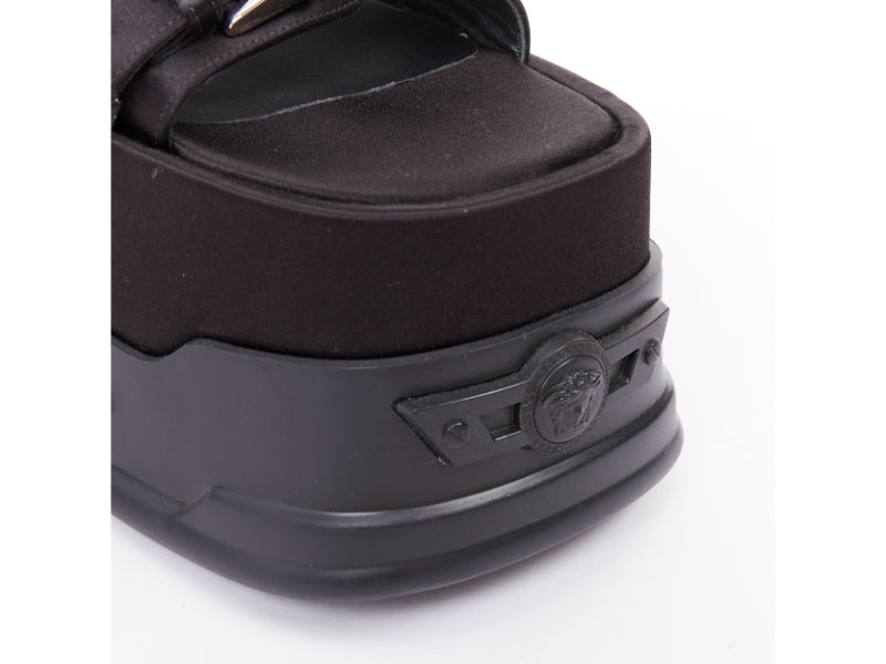 Women's Versace Black satin silk silver Medusa sandals