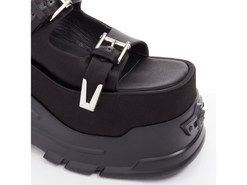 Women's Versace Black satin silk silver Medusa sandals