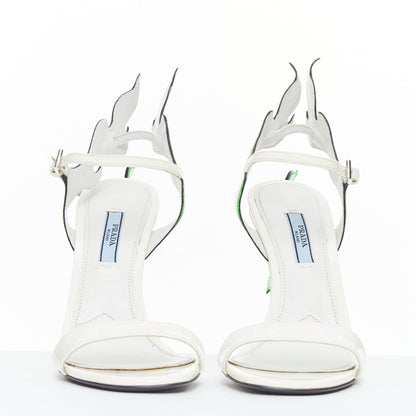 Women's Prada Flame Wedge white neon green patent Fire heel sandals