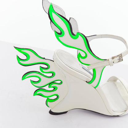 Women's Prada Flame Wedge white neon green patent Fire heel sandals