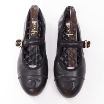 Women's Chanel black soft lambskin stitched CC cap toe flats