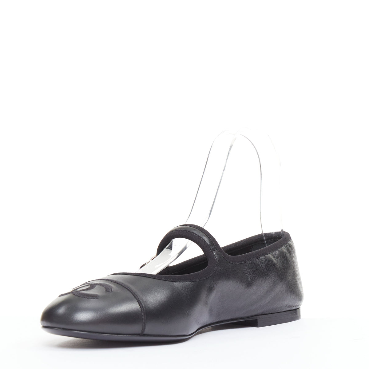 Women's Chanel black soft lambskin stitched CC cap toe flats