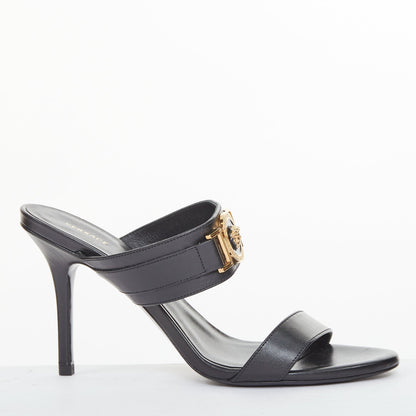 Women's Versace gold buckle black leather sandals