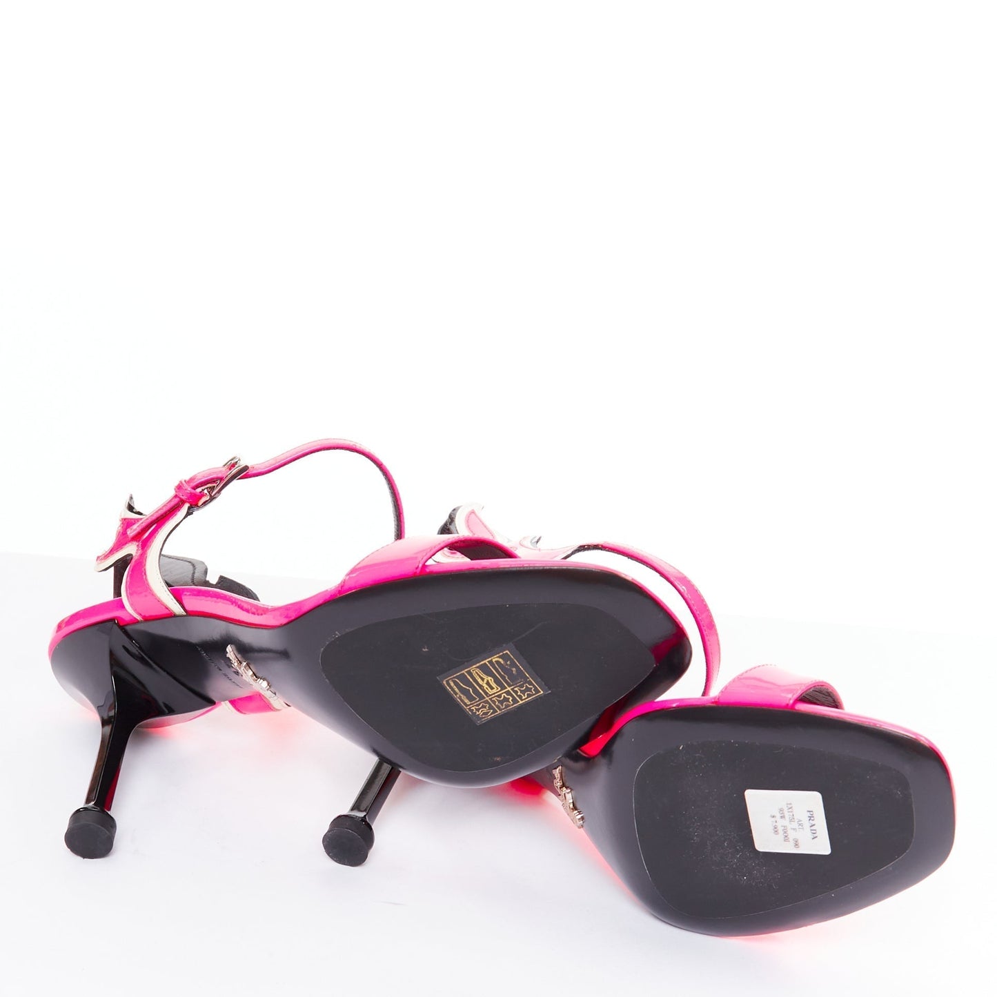Women's Prada Flame pink patent Fire mid heel sandals