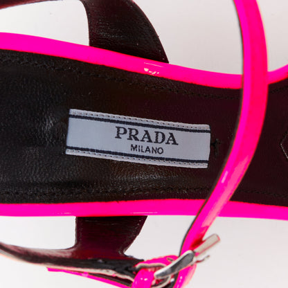Women's Prada Flame pink patent Fire mid heel sandals