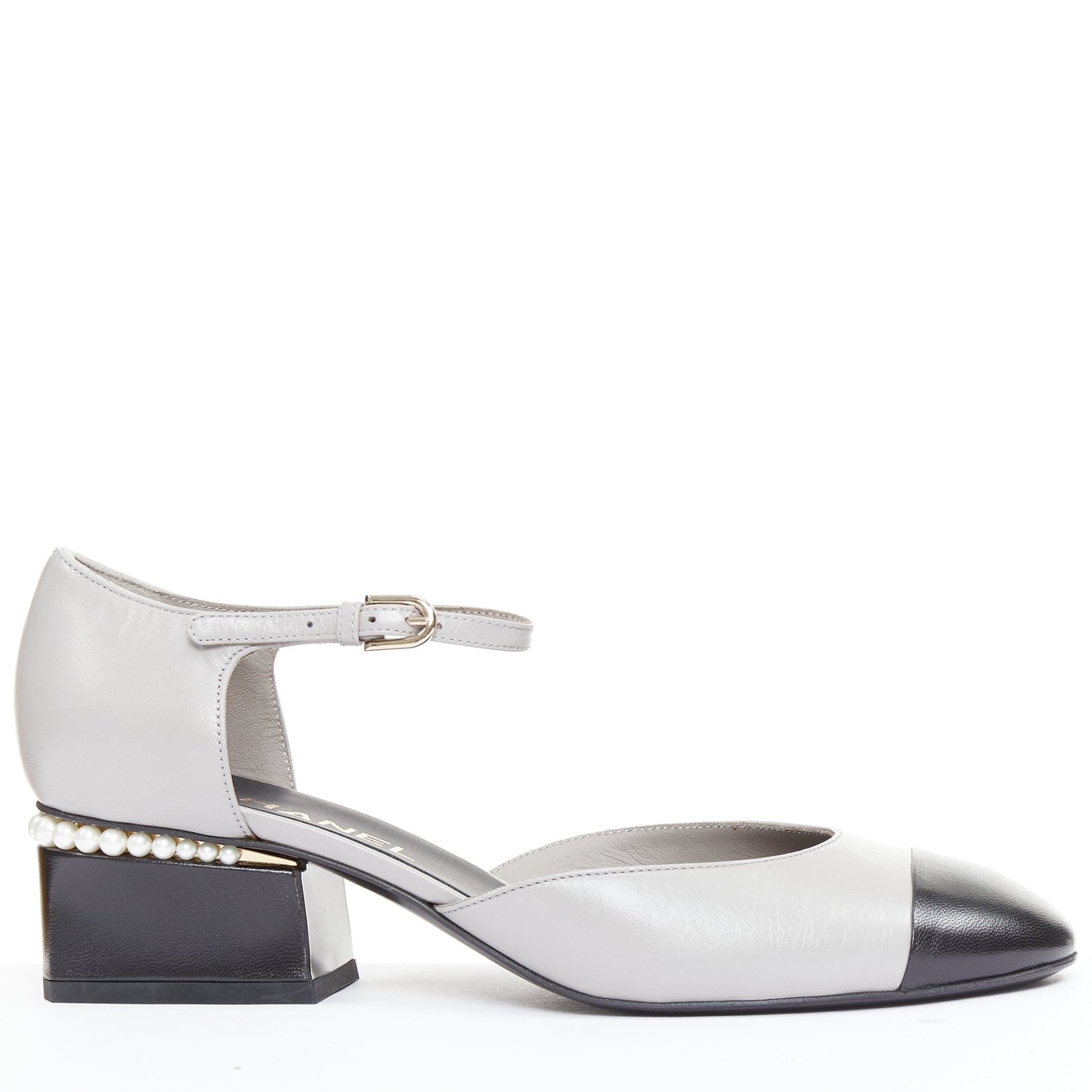 Women's Chanel grey leather pearl trimmed CC logo block heel pumps