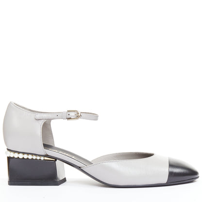 Women's Chanel grey leather pearl trimmed CC logo block heel pumps