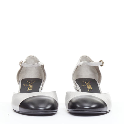 Women's Chanel grey leather pearl trimmed CC logo block heel pumps